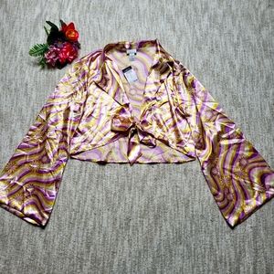 Satin retro floral tie-front long bell sleeve collared crop top